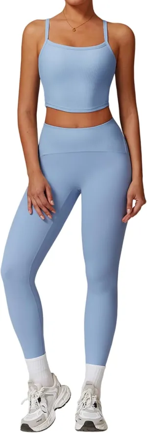 Womens Workout Sets 2 Piece Cross Back Tank Top Matching High Waist Leggings Sets Gym Outfits Work Out Clothes