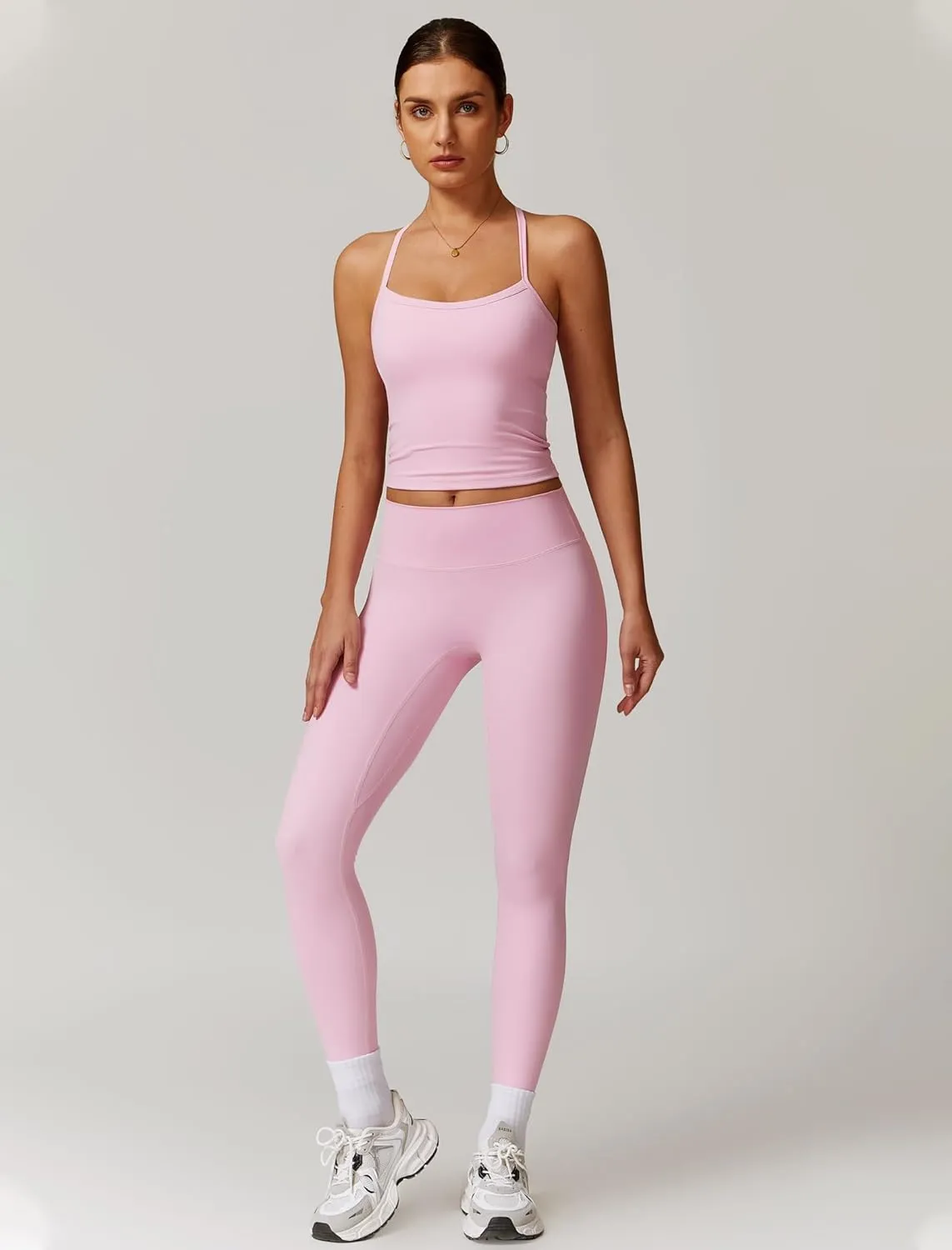 Womens Workout Sets Two Piece Cross Back Tank Top Matching High Waist Leggings Sets Gym Outfits Work Out Clothes