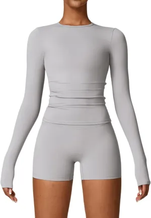 Womens Workout Sets Two Piece Long Sleeve Top Matching High Waist Shorts Sets Fall Winter Gym Work Out Clothes