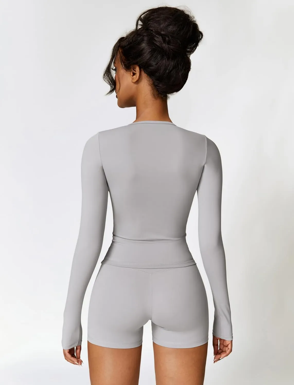 Womens Workout Sets Two Piece Long Sleeve Top Matching High Waist Shorts Sets Fall Winter Gym Work Out Clothes
