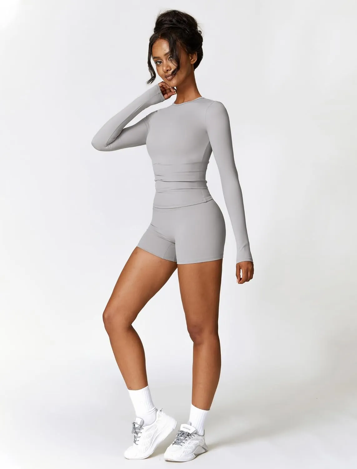 Womens Workout Sets Two Piece Long Sleeve Top Matching High Waist Shorts Sets Fall Winter Gym Work Out Clothes