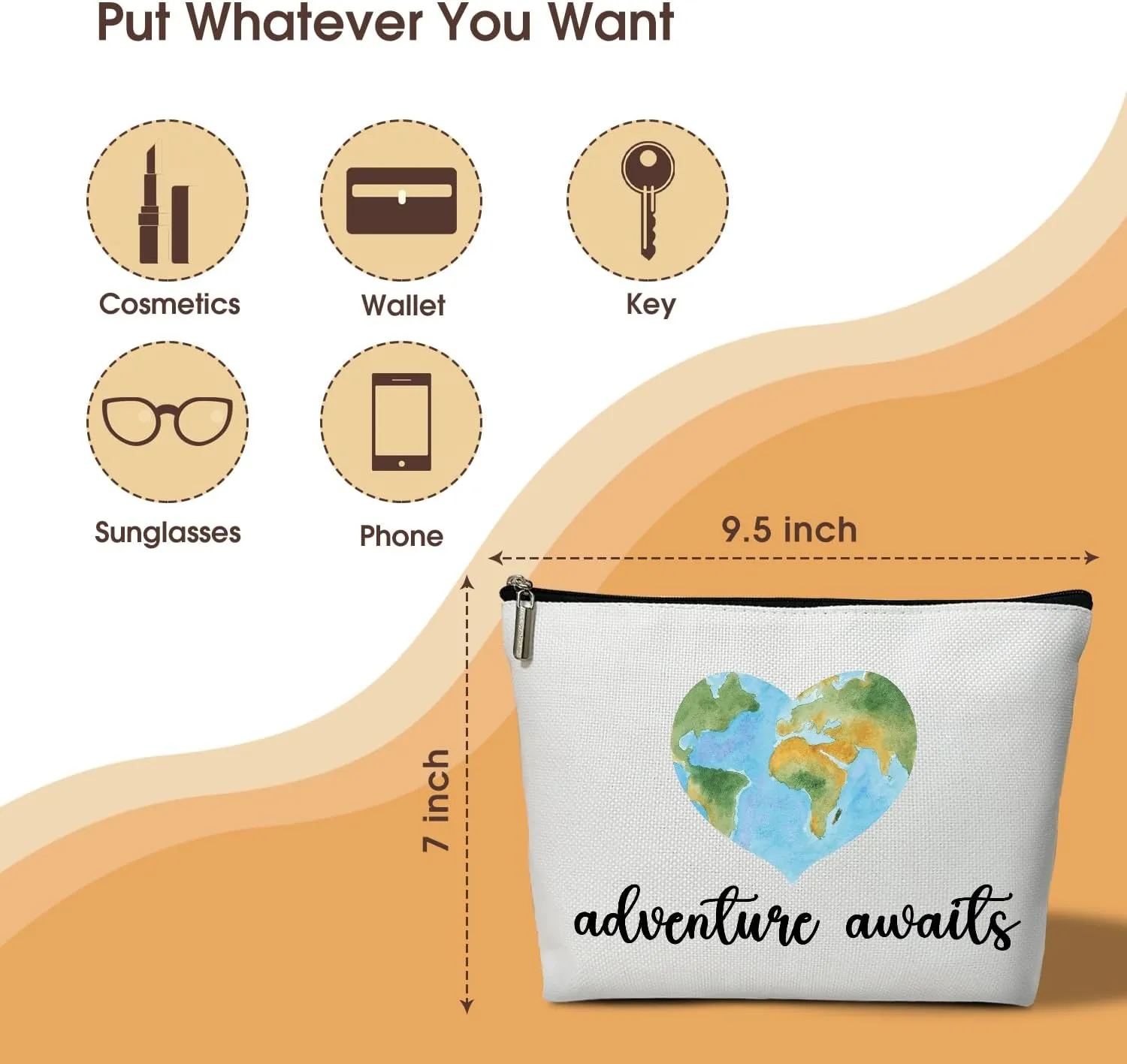 World Map Makeup Bag - Adventure Awaits, Cosmetic Bag for Women Large Capacity Cosmetic Bag Appreciation Gift for Family, friends, Travel Accessories Organizer Storage Makeup Bag With Zipper