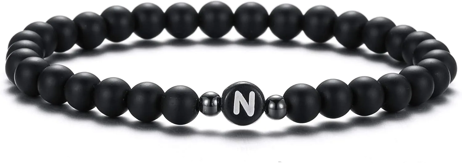 XIA YAN 6mm Black Onyx and White Howlite Handmade Letter Beads Bracelets for Women Men Initial Bracelets Gifts for Women (Couples Bracelets,Friendship Bracelets)