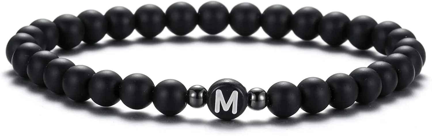 XIA YAN 6mm Black Onyx and White Howlite Handmade Letter Beads Bracelets for Women Men Initial Bracelets Gifts for Women (Couples Bracelets,Friendship Bracelets)