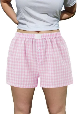 Y2k Plaid Boxer Shorts for Women Elastic Waist Lounge Shorts Button Front Ginghem Pajama Shorts Sleep Shorts