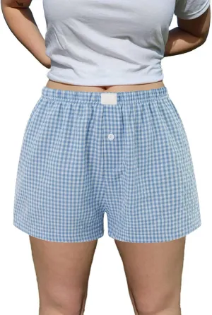 Y2k Plaid Boxer Shorts for Women Elastic Waist Lounge Shorts Button Front Ginghem Pajama Shorts Sleep Shorts