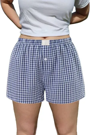 Y2k Plaid Boxer Shorts for Women Elastic Waist Lounge Shorts Button Front Ginghem Pajama Shorts Sleep Shorts