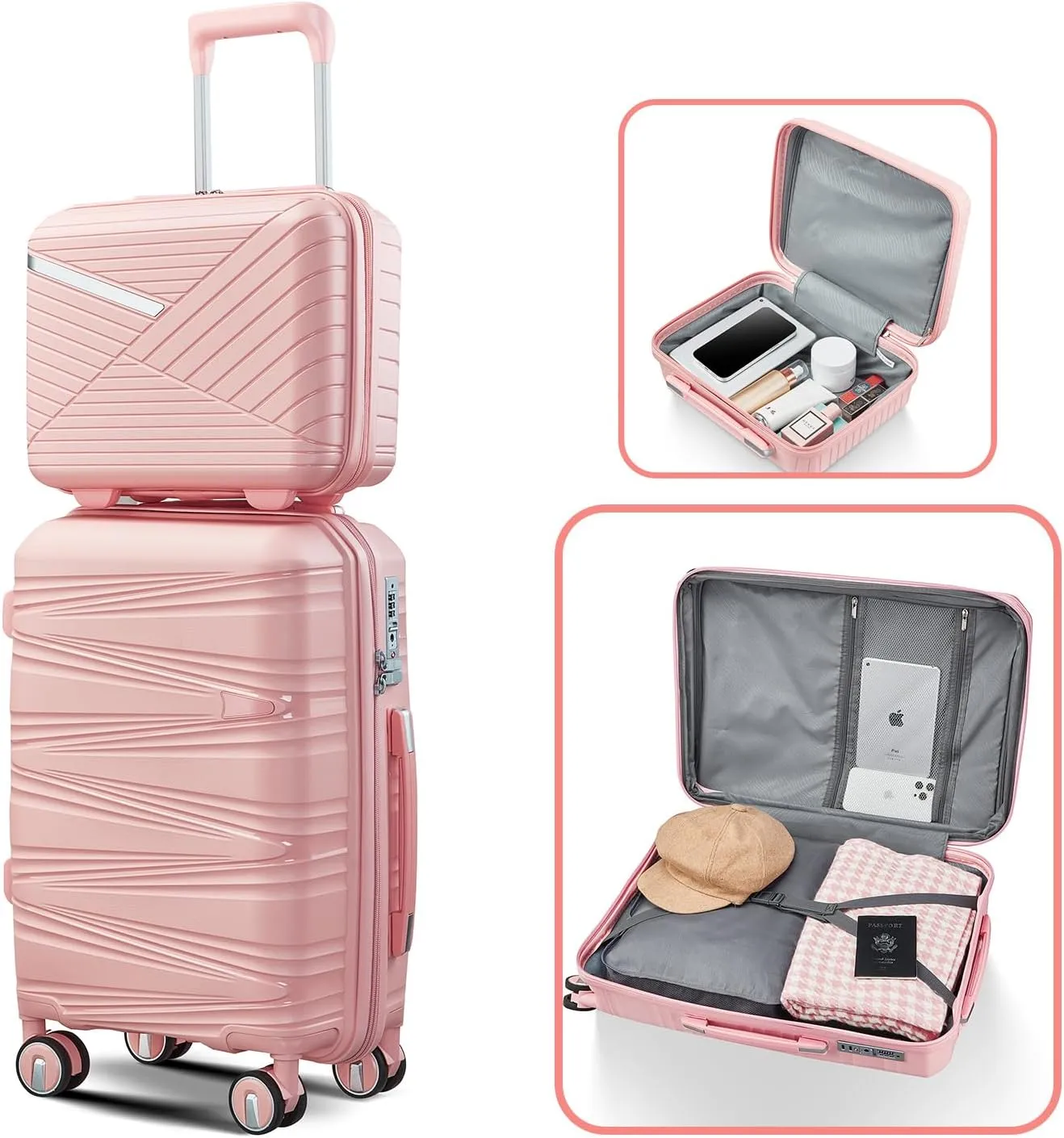 Yoglad Luggage Sets Four piece Expandable Hard Shell Lightweight Durable Suitcase sets Spinner Wheels Suitcase with TSA Lock (14 20 24 28 Inch) (Pink)