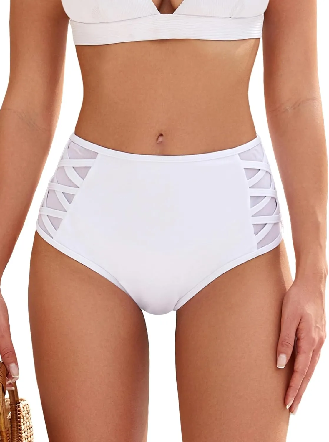 ZAFUL Women High Waist Bikini Bottom Side Mesh Spliced Tankini Swimsuit Swim Briefs Bathing Suit Bottom