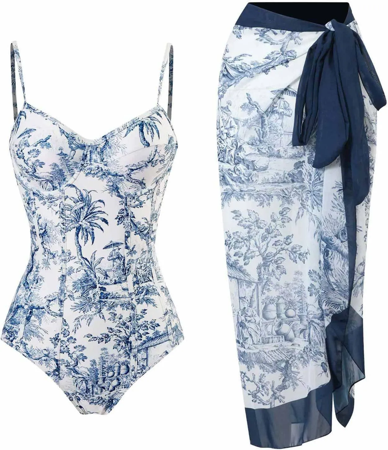 ZDRZK Sexy One Piece Swimsuit for Women with Matching Cover Ups Sarong Retro Floral Print Bikini Set Two Piece Bathing Suit