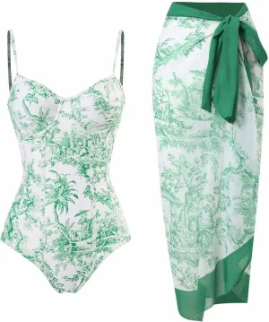 ZDRZK Sexy One Piece Swimsuit for Women with Matching Cover Ups Sarong Retro Floral Print Bikini Set Two Piece Bathing Suit