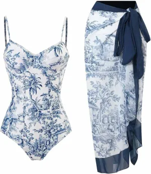 ZDRZK Sexy One Piece Swimsuit for Women with Matching Cover Ups Sarong Retro Floral Print Bikini Set Two Piece Bathing Suit