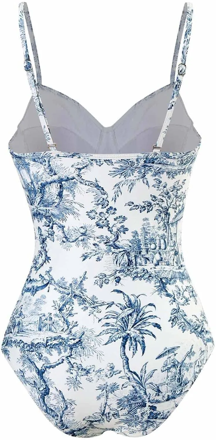 ZDRZK Sexy One Piece Swimsuit for Women with Matching Cover Ups Sarong Retro Floral Print Bikini Set Two Piece Bathing Suit