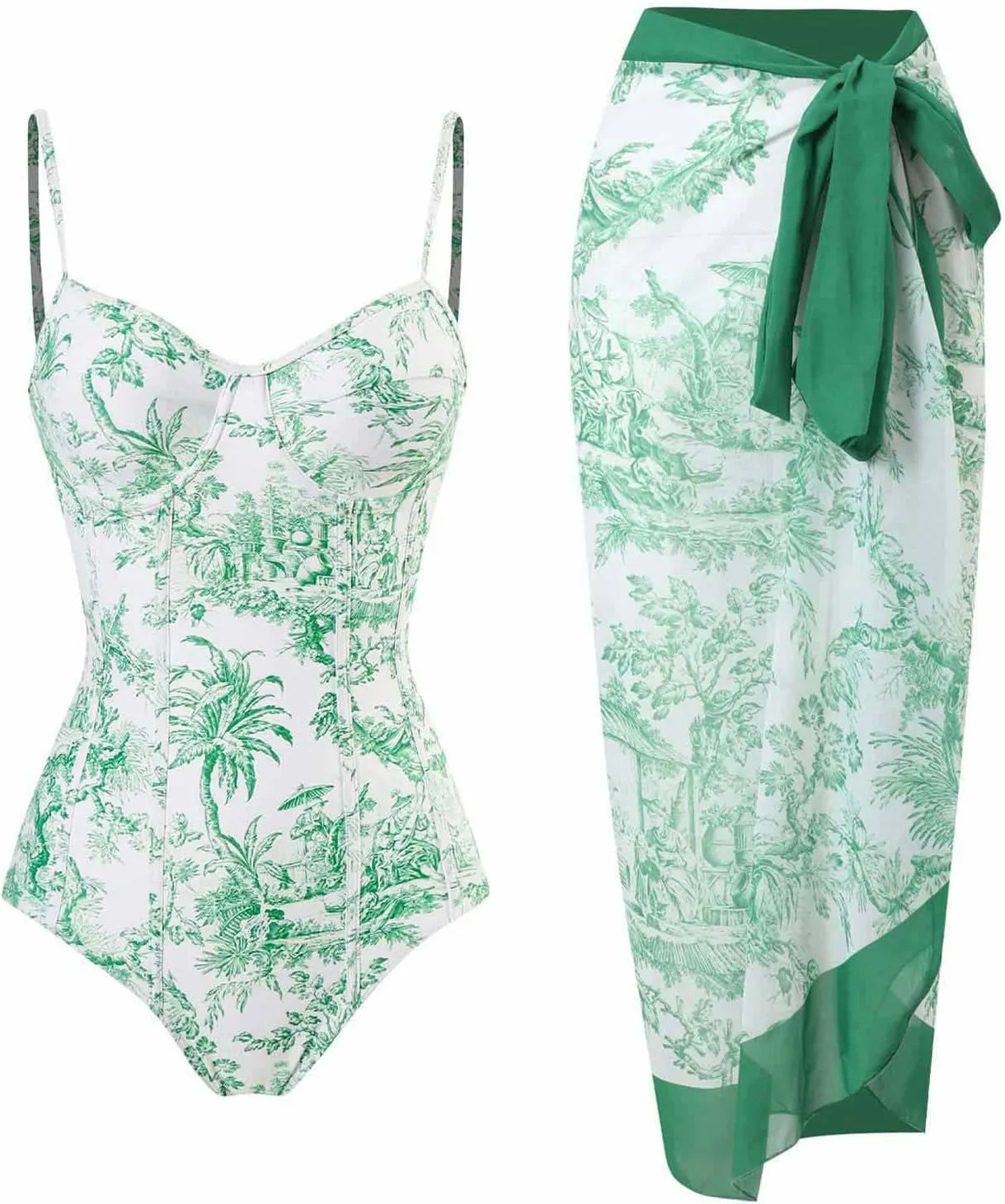 ZDRZK Sexy One Piece Swimsuit for Women with Matching Cover Ups Sarong Retro Floral Print Bikini Set Two Piece Bathing Suit
