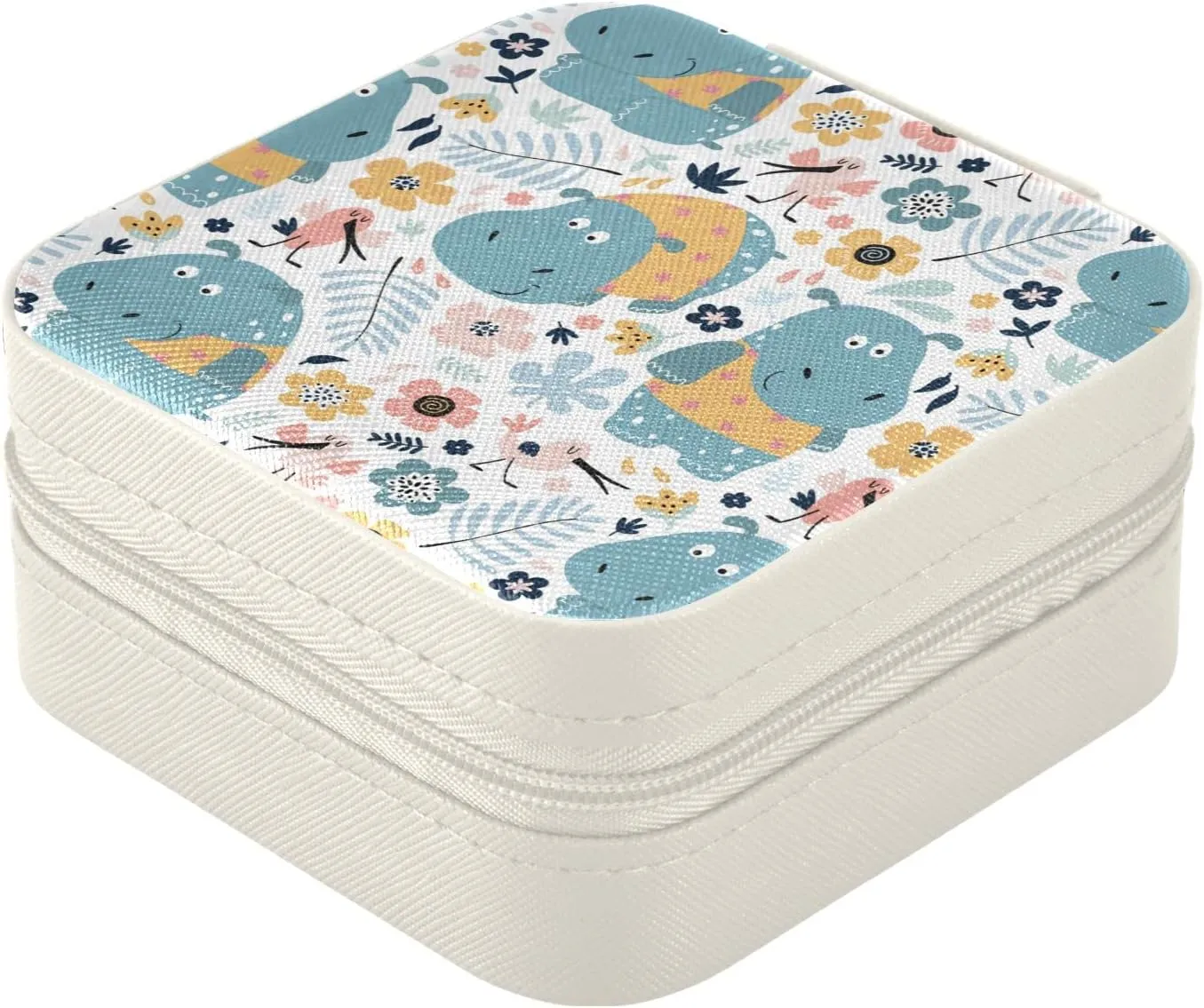 ZZKKO Hippopotamus Floral Small Jewelry Box Travel Jewelry Case Leather Jewelry Travel Organizer Mini Portable Storage Boxes for Womens Rings Necklaces Gifts White