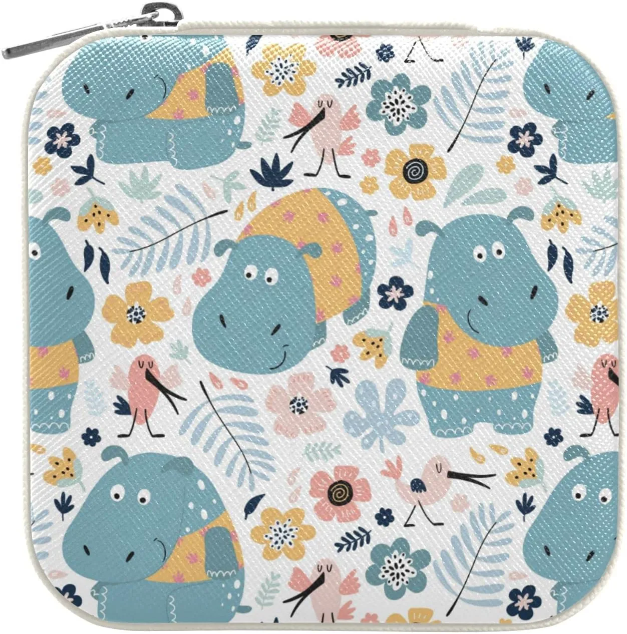 ZZKKO Hippopotamus Floral Small Jewelry Box Travel Jewelry Case Leather Jewelry Travel Organizer Mini Portable Storage Boxes for Womens Rings Necklaces Gifts White
