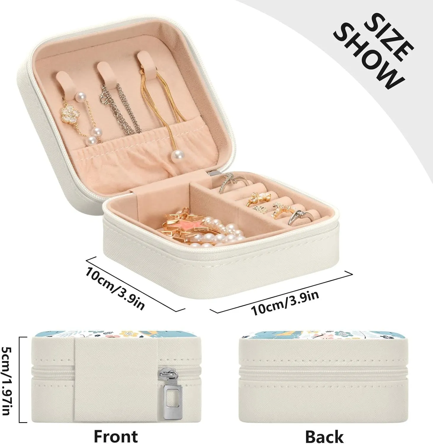ZZKKO Hippopotamus Floral Small Jewelry Box Travel Jewelry Case Leather Jewelry Travel Organizer Mini Portable Storage Boxes for Womens Rings Necklaces Gifts White