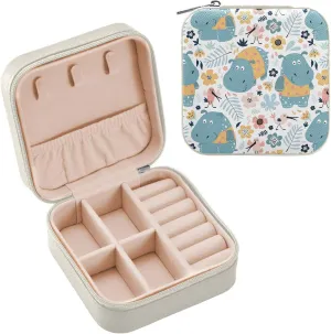 ZZKKO Hippopotamus Floral Small Jewelry Box Travel Jewelry Case Leather Jewelry Travel Organizer Mini Portable Storage Boxes for Womens Rings Necklaces Gifts White