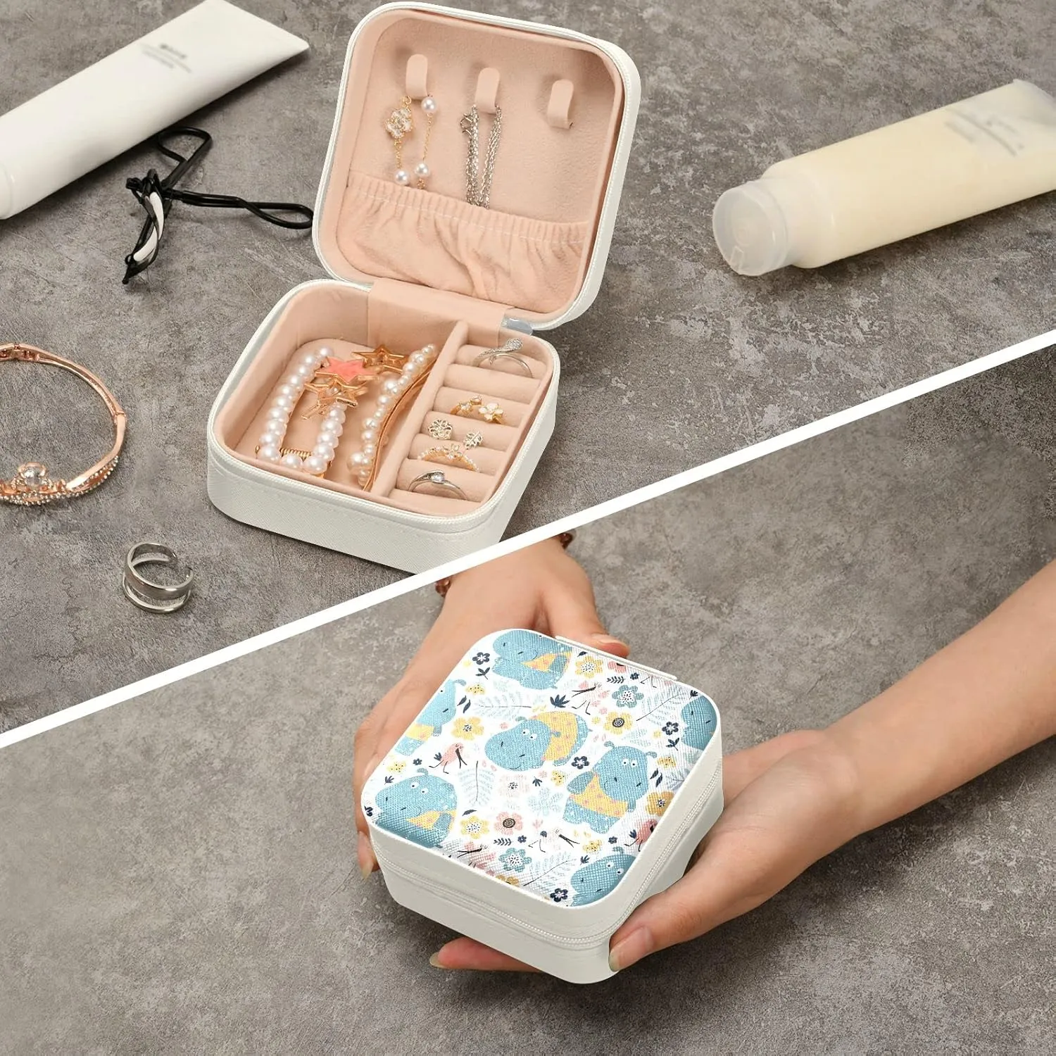 ZZKKO Hippopotamus Floral Small Jewelry Box Travel Jewelry Case Leather Jewelry Travel Organizer Mini Portable Storage Boxes for Womens Rings Necklaces Gifts White